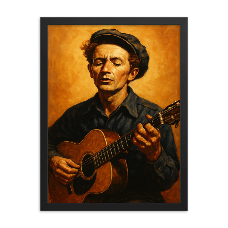 Woody Guthrie framed print on a plain backdrop in size 18