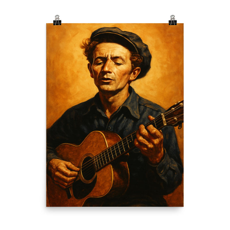 Woody Guthrie poster on a plain backdrop in size 8