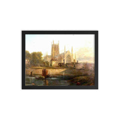 Worcester Cathedral on the River Severn by David Cox framed print on a plain backdrop in size 12"x16".