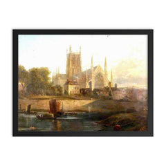 Worcester Cathedral on the River Severn by David Cox framed print on a plain backdrop in size 18"x24".
