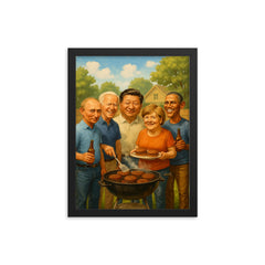 World leaders in casual clothes grilling burgers at a backyard BBQ framed print on a plain backdrop in size 12"x16".