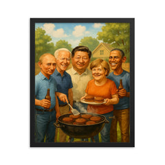 World leaders in casual clothes grilling burgers at a backyard BBQ framed print on a plain backdrop in size 16"x20".