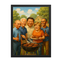 World leaders in casual clothes grilling burgers at a backyard BBQ framed print on a plain backdrop in size 18"x24".
