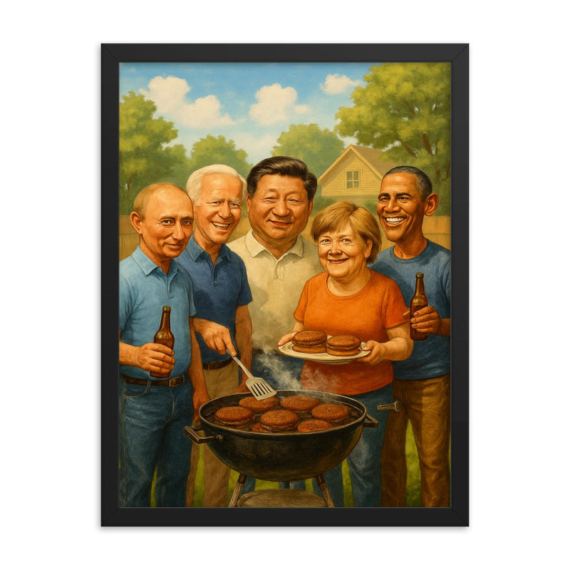 World leaders in casual clothes grilling burgers at a backyard BBQ framed print on a plain backdrop in size 18