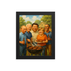 World leaders in casual clothes grilling burgers at a backyard BBQ framed print on a plain backdrop in size 8"x10".