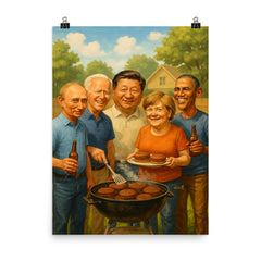 World leaders in casual clothes grilling burgers at a backyard BBQ poster on a plain backdrop in size 8"x10".