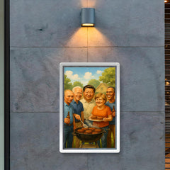 World leaders in casual clothes grilling burgers at a backyard BBQ poster 2