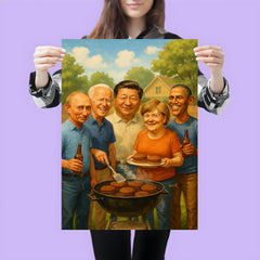 World leaders in casual clothes grilling burgers at a backyard BBQ poster 3