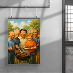 World leaders in casual clothes grilling burgers at a backyard BBQ poster 4