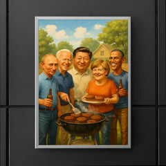 World leaders in casual clothes grilling burgers at a backyard BBQ poster 5