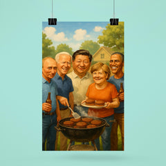 World leaders in casual clothes grilling burgers at a backyard BBQ poster 6