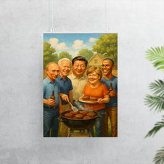 World leaders in casual clothes grilling burgers at a backyard BBQ poster 7