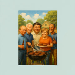 World leaders in casual clothes grilling burgers at a backyard BBQ poster 8