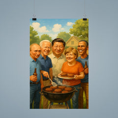 World leaders in casual clothes grilling burgers at a backyard BBQ poster 9