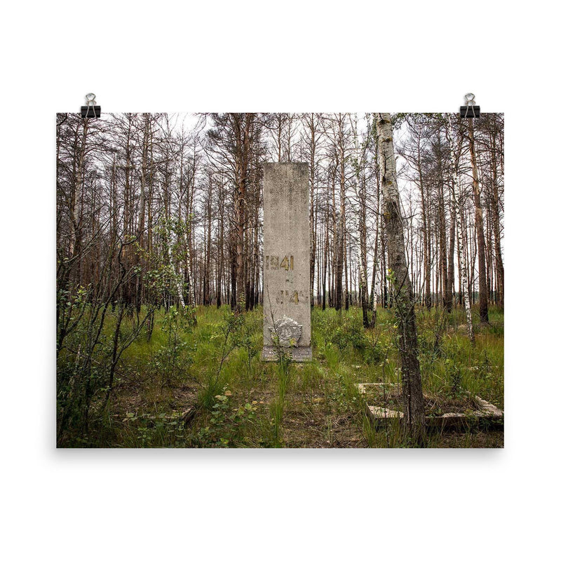 WW2 Memorial in Chernobyl Exclusion Zone, 1943 poster on a plain backdrop in size 8