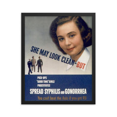 WW2 Poster Warning to Armed Forces, 1940s framed print on a plain backdrop in size 16"x20".