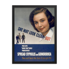 WW2 Poster Warning to Armed Forces, 1940s framed print on a plain backdrop in size 18"x24".