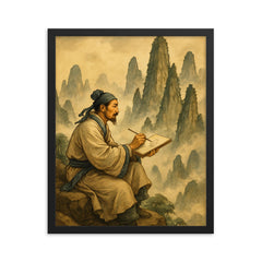 Xu Xiake sketching impossible limestone peaks framed print on a plain backdrop in size 16"x20".