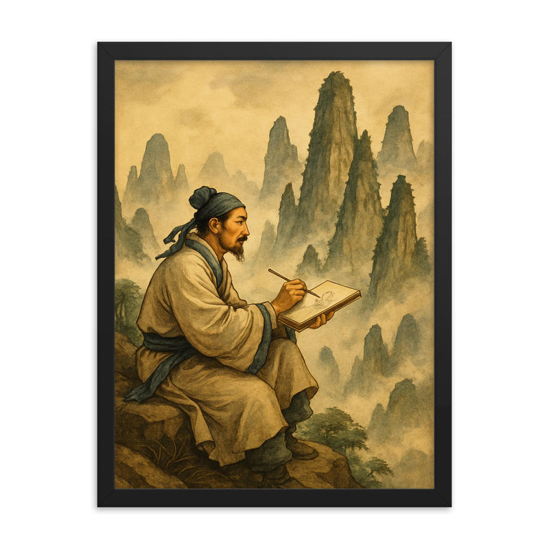 Xu Xiake sketching impossible limestone peaks framed print on a plain backdrop in size 18