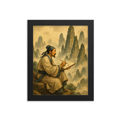 Xu Xiake sketching impossible limestone peaks framed print on a plain backdrop in size 8"x10".