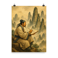 Xu Xiake sketching impossible limestone peaks poster on a plain backdrop in size 8"x10".