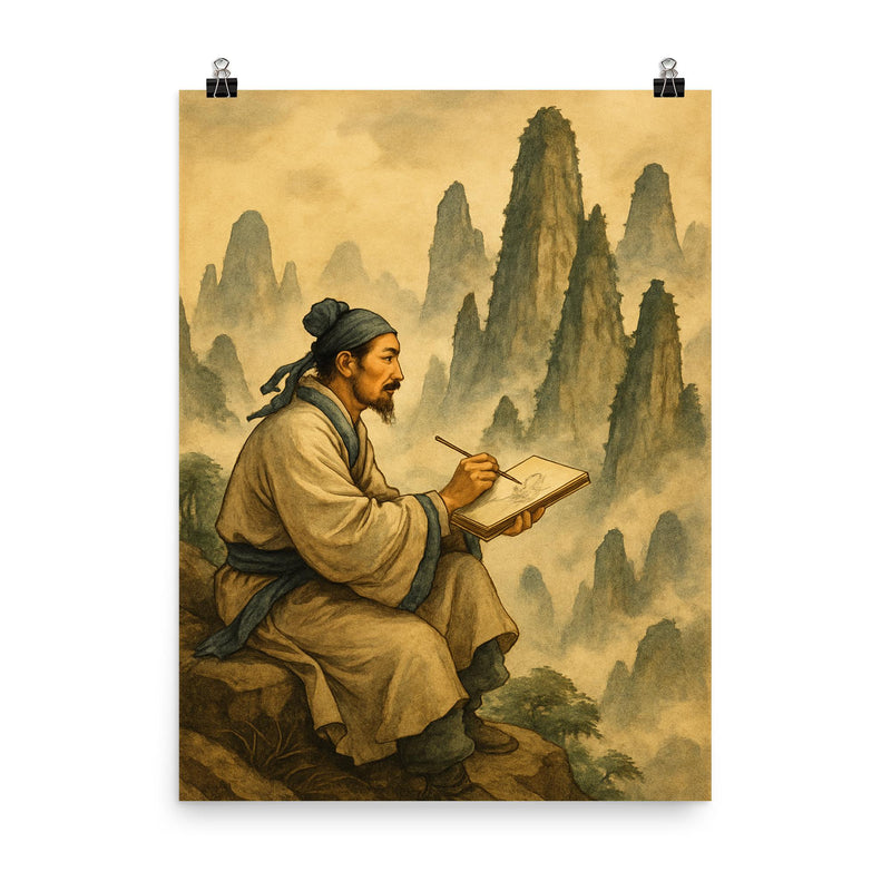 Xu Xiake sketching impossible limestone peaks poster on a plain backdrop in size 8