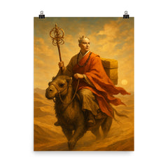 Xuanzang crossing desert with scriptures poster on a plain backdrop in size 8"x10".
