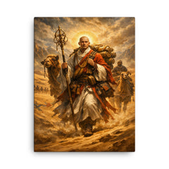 Xuanzang crossing the Taklamakan with scriptures canvas print on a plain backdrop in size 18"x24".