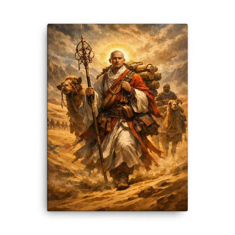 Xuanzang crossing the Taklamakan with scriptures canvas print on a plain backdrop in size 18