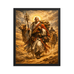 Xuanzang crossing the Taklamakan with scriptures framed print on a plain backdrop in size 16"x20".