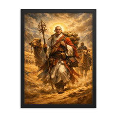 Xuanzang crossing the Taklamakan with scriptures framed print on a plain backdrop in size 18"x24".