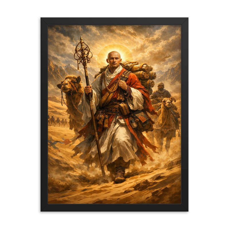 Xuanzang crossing the Taklamakan with scriptures framed print on a plain backdrop in size 18