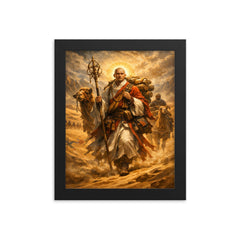 Xuanzang crossing the Taklamakan with scriptures framed print on a plain backdrop in size 8"x10".
