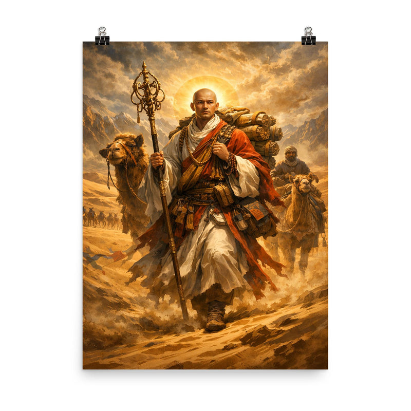 Xuanzang crossing the Taklamakan with scriptures poster on a plain backdrop in size 8