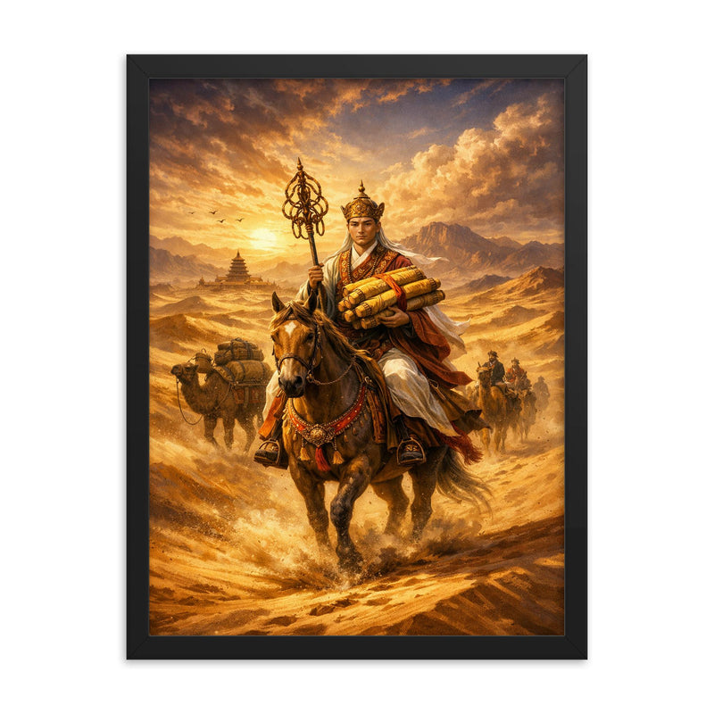 Xuanzang returning with sutras through desert framed print on a plain backdrop in size 18