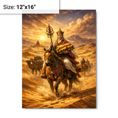 Xuanzang returning with sutras through desert metal print on a plain backdrop in size 12"x16".
