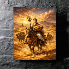 Xuanzang returning with sutras through desert metal print mockup