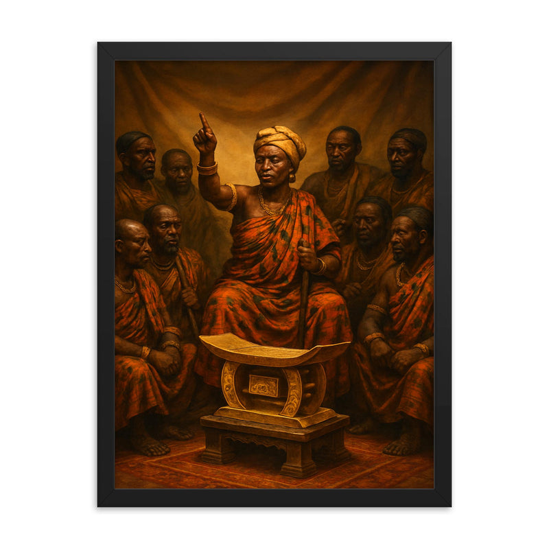 Yaa Asantewaa golden stool war council framed print on a plain backdrop in size 18