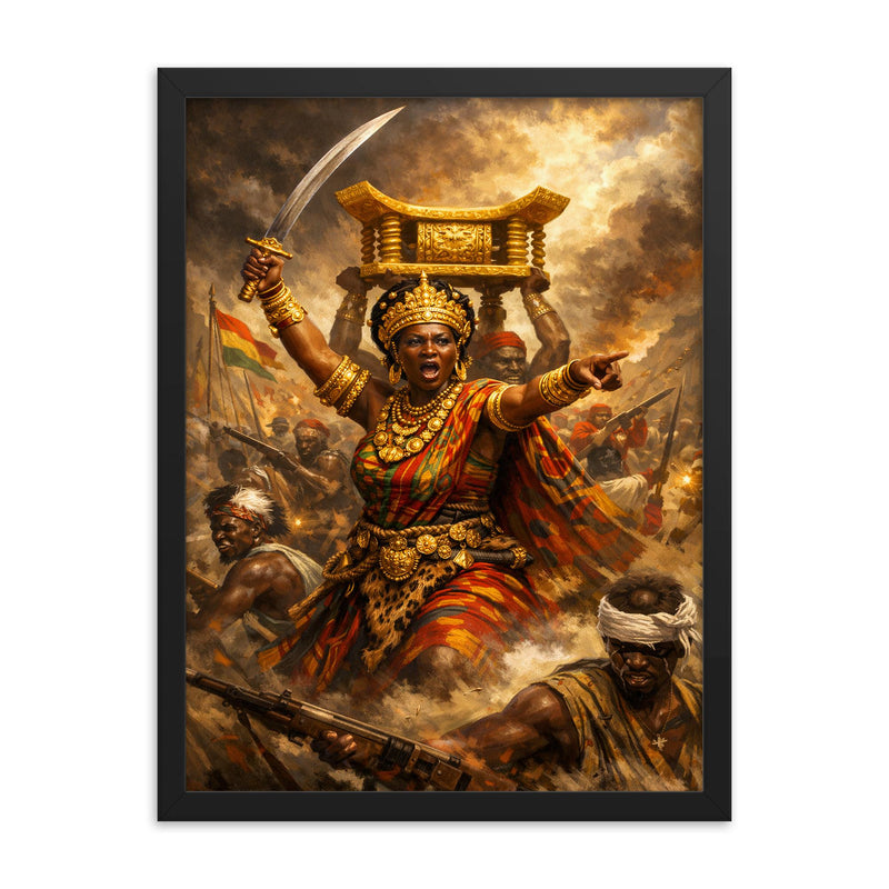 Yaa Asantewaa leading the Golden Stool war framed print on a plain backdrop in size 18
