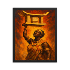Yaa Asantewaa raising the Golden Stool framed print on a plain backdrop in size 16"x20".