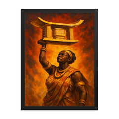 Yaa Asantewaa raising the Golden Stool framed print on a plain backdrop in size 18"x24".