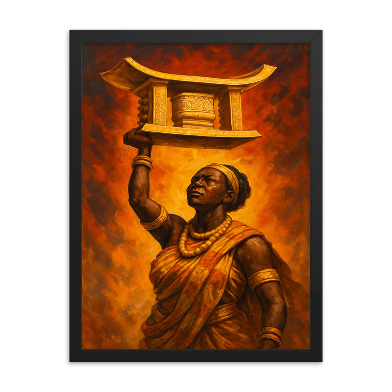 Yaa Asantewaa raising the Golden Stool framed print on a plain backdrop in size 18