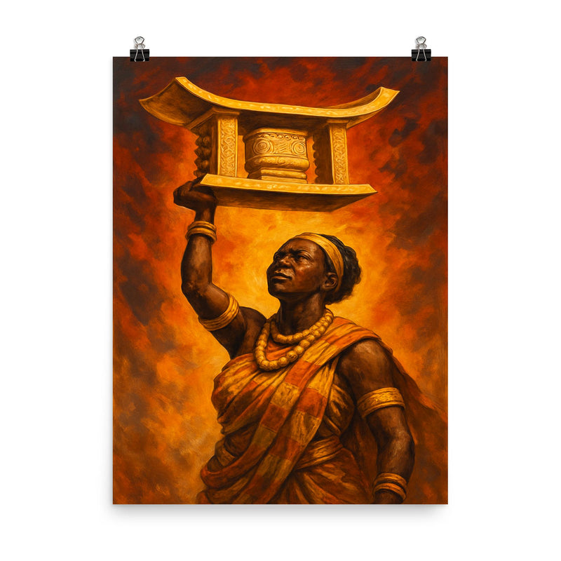 Yaa Asantewaa raising the Golden Stool poster on a plain backdrop in size 8