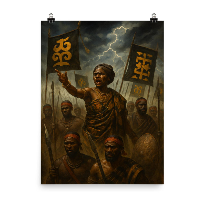 Yaa Asantewaa rallying Ashanti warriors beneath storm banners poster on a plain backdrop in size 8
