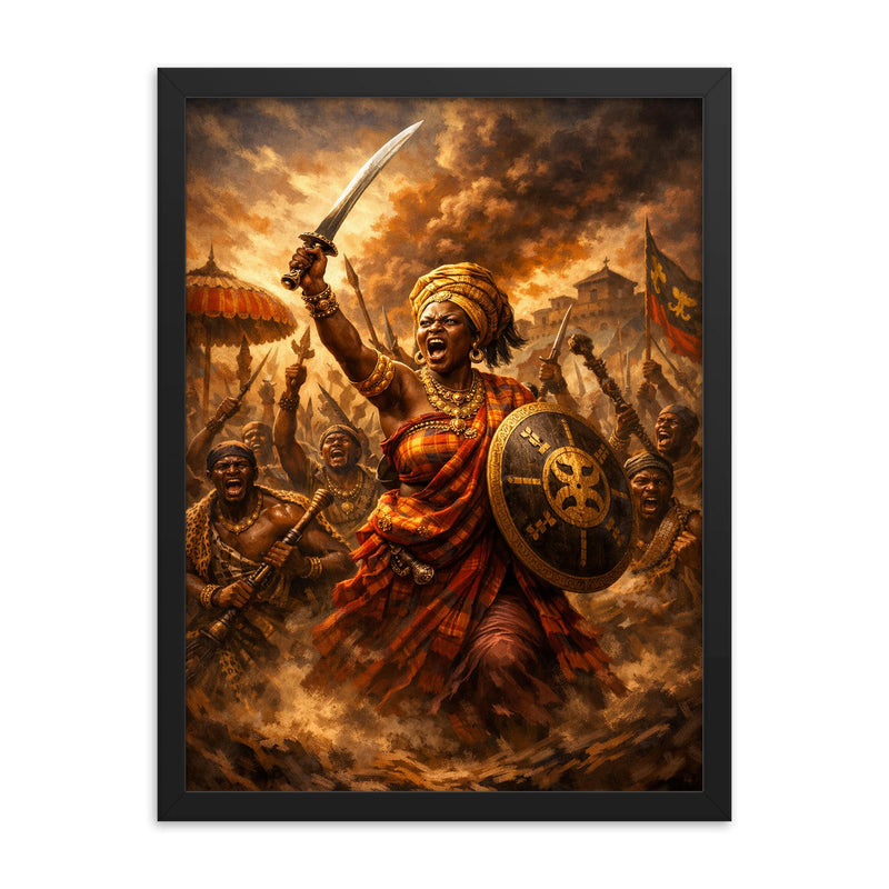 Yaa Asantewaa rallying Ashanti warriors framed print on a plain backdrop in size 18