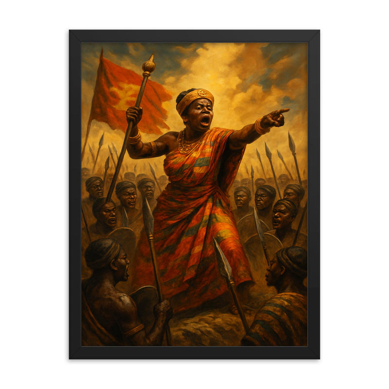 Yaa Asantewaa rallying Ashanti warriors framed print on a plain backdrop in size 18
