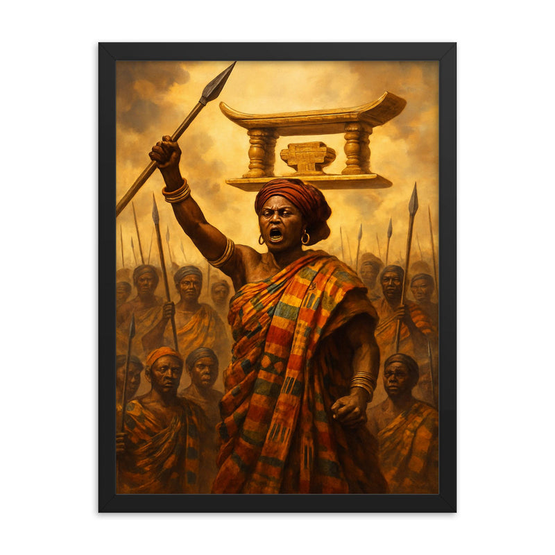Yaa Asantewaa rallying the Ashanti Golden Stool framed print on a plain backdrop in size 18