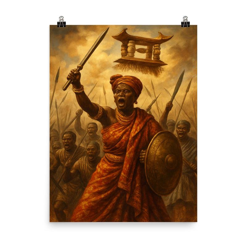 Yaa Asantewaa rallying the Golden Stool war poster on a plain backdrop in size 8