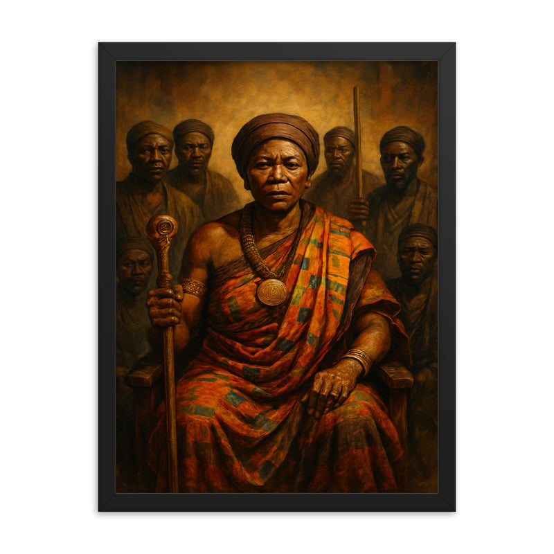 Yaa Asantewaa war council portrait framed print on a plain backdrop in size 18