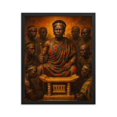 Yaa Asantewaa with golden stool war council framed print on a plain backdrop in size 16"x20".